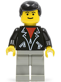 LEGO Minifiguur Leather Jacket with Zippers - Light Gray Legs, Black Male Hair (trn085) — LEGO te koop op BrickVillage