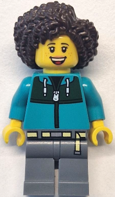 LEGO Minifiguur Bus Passenger - Female, Dark Turquoise Jacket with Dark Green Panel, Dark Bluish Gray Legs, Dark Brown … — LEGO te koop op BrickVillage