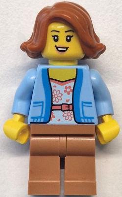 LEGO Minifiguur Bus Passenger - Female, Bright Light Blue Jacket over White Shirt with Coral Flowers, Medium Nougat Leg… — LEGO te koop op BrickVillage