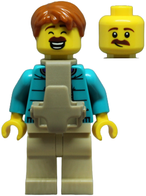 LEGO Minifiguur Dad - Dark Turquoise Jacket over Dark Purple Shirt, Tan Legs, Dark Orange Hair, Baby Carrier (cty1880) — LEGO te koop op BrickVillage