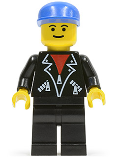 LEGO Minifiguur Leather Jacket with Zippers - Black Legs, Blue Cap, Eyebrows (lea004) — LEGO te koop op BrickVillage