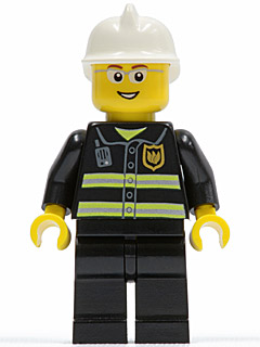 LEGO Minifiguur Fire - Reflective Stripes, Black Legs, White Fire Helmet, Glasses, Open Mouth Smile (cty0056) — LEGO te koop op BrickVillage