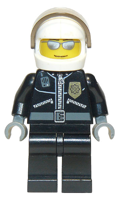 LEGO Minifiguur Police - City Leather Jacket with Gold Badge and 'POLICE' on Back, White Helmet, Trans-Brown Visor, Sil… — LEGO te koop op BrickVillage