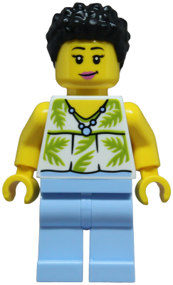 LEGO Minifiguur Tourist - Female, White Sleeveless Top with Lime Palm Leaves, Bright Light Blue Legs, Black Hair (cty19… — LEGO te koop op BrickVillage