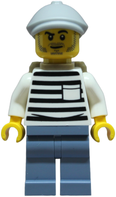 LEGO Minifiguur Police - City Jail Prisoner Male, White Shirt with Pocket and Black Stripes, Sand Blue Legs, Light Blui… — LEGO te koop op BrickVillage