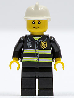 LEGO Minifiguur Fire - Reflective Stripes, Black Legs, White Fire Helmet, Reddish Brown Eyebrows, Thin Grin, Yellow Han…