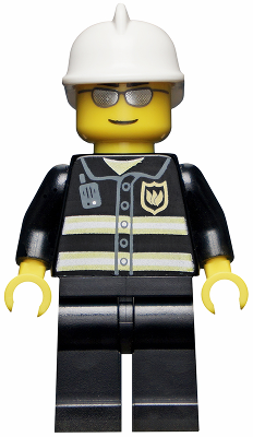LEGO Minifiguur Fire - Reflective Stripes, Black Legs, White Fire Helmet, Silver Sunglasses (wc021)