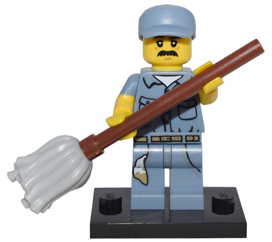 LEGO col15-9 col15 Janitor, Series 15 (Complete Set with Stand and Accessories) — LEGO te koop op BrickVillage