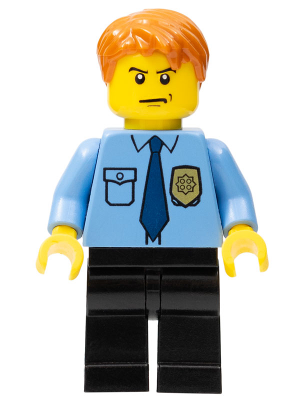 LEGO Minifiguur Police - City Shirt with Dark Blue Tie and Gold Badge, Black Legs, Dark Orange Short Tousled Hair (cty0…