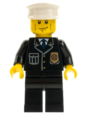 LEGO Minifiguur Police - City Suit with Blue Tie and Badge, Black Legs, Vertical Cheek Lines, Brown Eyebrows, White Hat…