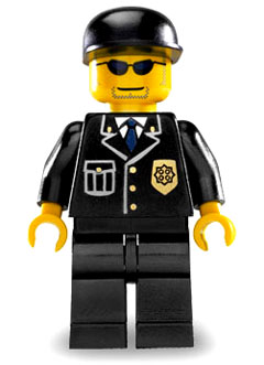 LEGO Minifiguur Police - City Suit with Blue Tie and Badge, Black Legs, Sunglasses, Black Cap (cty0106) — LEGO te koop op BrickVillage