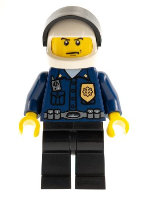 LEGO Minifiguur Police - World City Patrolman, Dark Blue Shirt with Badge and Radio, Black Legs, White Helmet, Black Vi… — LEGO te koop op BrickVillage