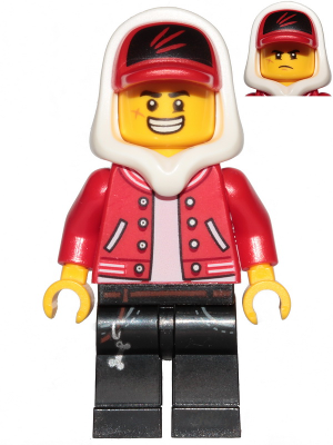 LEGO Minifiguur Jack Davids - Red Jacket with Cap and Hood (Large Smile / Grumpy) (hs001) — LEGO te koop op BrickVillage