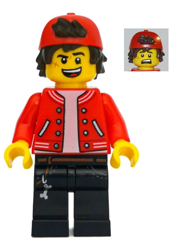 LEGO Minifiguur Jack Davids - Red Jacket with Backwards Cap (Open Mouth Smile / Scared) (hs047) — LEGO te koop op BrickVillage