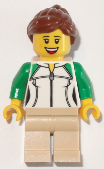 LEGO Minifiguur Train Passenger - Female, White and Green Sweatshirt with Zipper, Tan Legs, Reddish Brown Hair with Pon… — LEGO te koop op BrickVillage