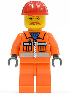 LEGO Minifiguur Orange Vest with Safety Stripes - Orange Legs, Red Construction Helmet, Brown Moustache, Dark Bluish Gr… — LEGO te koop op BrickVillage