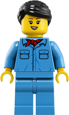 LEGO Minifiguur Train Worker - Female, Black Hair, Medium Blue Shirt with Red Bandana, Medium Blue Legs (trn253) — LEGO te koop op BrickVillage