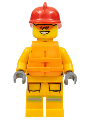 LEGO Minifiguur Fire - Reflective Stripes, Bright Light Orange Suit, Life Jacket, Red Fire Helmet (cty0974) — LEGO te koop op BrickVillage