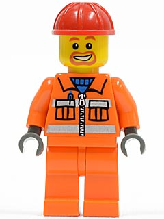 LEGO Minifiguur Construction Worker - Orange Zipper, Safety Stripes, Orange Arms, Orange Legs, Red Construction Helmet,… — LEGO te koop op BrickVillage
