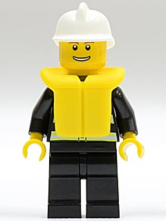 LEGO Minifiguur Fire - Reflective Stripes, Black Legs, White Fire Helmet, Thin Grin with Teeth, Life Jacket (cty0116b) — LEGO te koop op BrickVillage