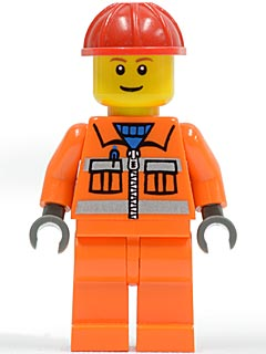 LEGO Minifiguur Construction Worker - Orange Zipper, Safety Stripes, Orange Arms, Orange Legs, Red Construction Helmet,… — LEGO te koop op BrickVillage