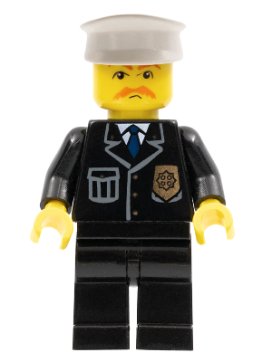 LEGO Minifiguur Police - City Suit with Blue Tie and Badge, Black Legs, Brown Moustache, White Hat (cty0128) — LEGO te koop op BrickVillage