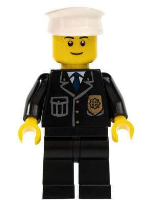 LEGO Minifiguur Police - City Suit with Blue Tie and Badge, Black Legs, White Hat, Black Eyebrows, Thin Grin (cty0005a) — LEGO te koop op BrickVillage
