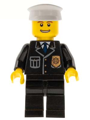 LEGO Minifiguur Police - City Suit with Blue Tie and Badge, Black Legs, Thin Grin with Teeth, White Hat (cty0098) — LEGO te koop op BrickVillage