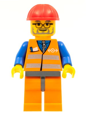LEGO Minifiguur Orange Vest with Safety Stripes - Orange Legs and Dark Bluish Gray Hips, Red Construction Helmet, Dark … — LEGO te koop op BrickVillage