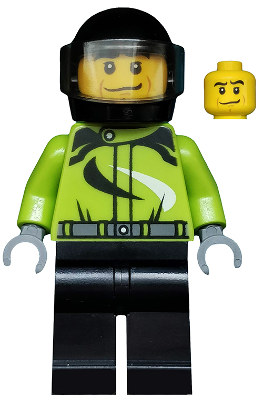 LEGO Minifiguur Monster Truck Driver, Racing Suit with Black and White Swirls, Black Helmet with Trans-Brown Visor, Cro… — LEGO te koop op BrickVillage