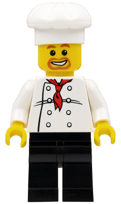 LEGO Minifiguur Chef - White Torso with 8 Buttons, Black Legs, Beard Around Mouth (chef018) — LEGO te koop op BrickVillage