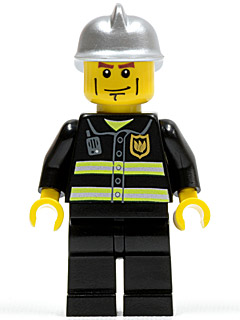 LEGO Minifiguur Fire - Reflective Stripes, Black Legs, Silver Fire Helmet, Cheek Lines, Yellow Hands (twn175) — LEGO te koop op BrickVillage