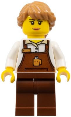 LEGO Minifiguur Barista - Female, Reddish Brown Apron with Cup and Name Tag, Reddish Brown Legs, Medium Nougat Hair (ct… — LEGO te koop op BrickVillage
