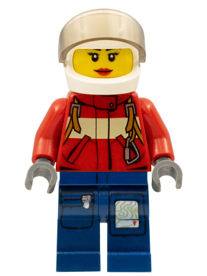 LEGO Minifiguur Fire - Pilot Female, Red Fire Suit with Carabiner, Dark Blue Legs with Map, White Helmet, Red Lips (cty… — LEGO te koop op BrickVillage