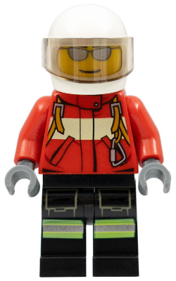 LEGO Minifiguur Fire - Pilot Male, Red Fire Suit with Carabiner, Reflective Stripes on Black Legs, White Helmet, Silver… — LEGO te koop op BrickVillage