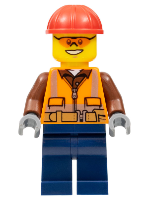 LEGO Minifiguur Construction Worker - Male, Orange Safety Vest, Reflective Stripes, Reddish Brown Shirt, Dark Blue Legs… — LEGO te koop op BrickVillage