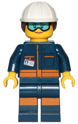 LEGO Minifiguur Ground Crew Technician - Female, Dark Blue Jumpsuit, White Construction Helmet with Dark Brown Ponytail… — LEGO te koop op BrickVillage