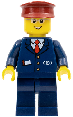 LEGO Minifiguur Steward - Dark Blue Suit with Train Logo, Dark Blue Legs, Dark Red Hat, Glasses (trn234) — LEGO te koop op BrickVillage