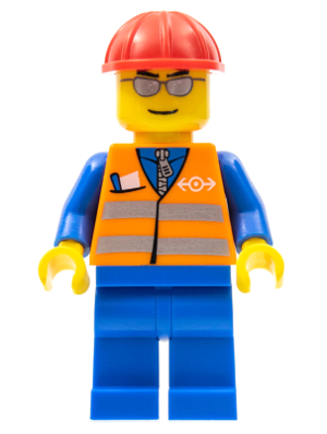 LEGO Minifiguur Orange Vest with Safety Stripes - Blue Legs, Silver Glasses, Red Construction Helmet (trn225) — LEGO te koop op BrickVillage
