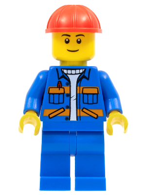 LEGO Minifiguur Blue Jacket with Diagonal Lower Pockets and Orange Stripes, Blue Legs, Red Construction Helmet (cty0889) — LEGO te koop op BrickVillage