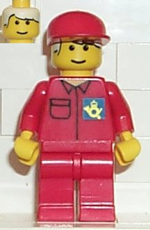 LEGO Minifiguur Post Office Blue Background Logo, Red Legs, Red Cap (post003) — LEGO te koop op BrickVillage