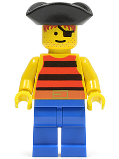 LEGO Minifiguur Pirate Red / Black Stripes Shirt, Blue Legs, Black Pirate Triangle Hat (pi026) — LEGO te koop op BrickVillage
