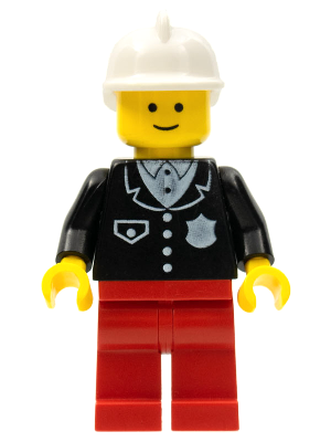 LEGO Minifiguur Police - Suit with 4 Buttons, Red Legs, White Fire Helmet (cop052) — LEGO te koop op BrickVillage