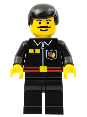 LEGO Minifiguur Fire - Flame Badge and 2 Buttons, Black Legs, Black Male Hair (firec023) — LEGO te koop op BrickVillage