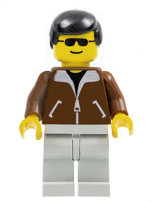 LEGO Minifiguur Jacket Brown - Light Gray Legs, Black Male Hair, Black Sunglasses (twn003) — LEGO te koop op BrickVillage